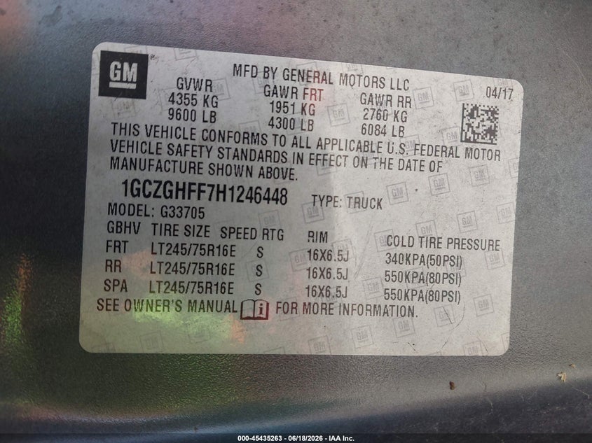2017 Chevrolet Express 3500 VIN 1GCZGHFF7H1246448 IAAI salvage auction — NORMAL WEAR, Sf97 (California), sold $12,200 on 2026-07-28 (photo 8)