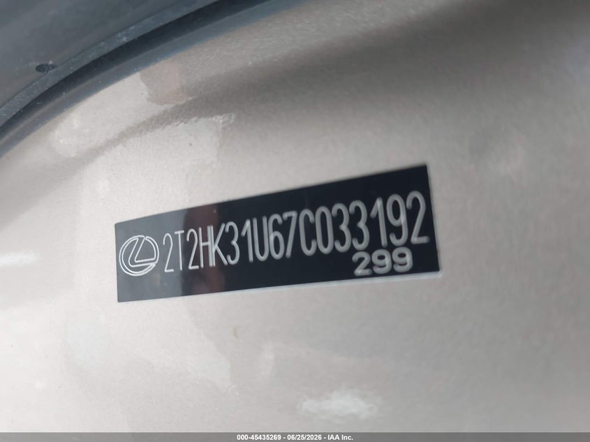 2007 Lexus Rx 350 VIN 2T2HK31U67C033192 IAAI salvage auction — FRONT END, Clear (Wisconsin), sold $1,050 on 2026-07-09 (photo 9)