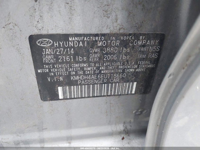 2014 Hyundai Elantra VIN KMHDH4AE6EU118660 IAAI salvage auction — REAR END, Salvage (Pennsylvania), sold $525 on 2026-07-10 (photo 9)