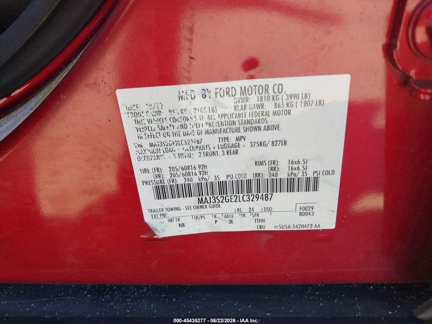 2020 Ford Ecosport VIN MAJ3S2GE2LC329487 IAAI salvage auction — FRONT END, Certificate Of Destruction (Florida), sold $750 on 2026-07-28 (photo 9)