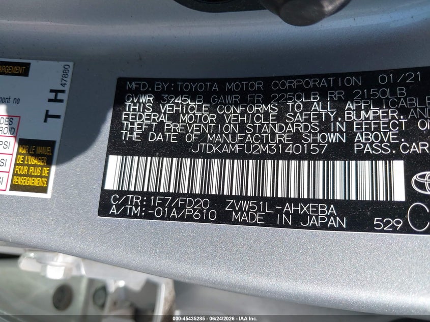 2021 Toyota Prius VIN JTDKAMFU2M3140157 IAAI salvage auction — FRONT END, Salvage (Indiana), sold $3,800 on 2026-07-08 (photo 9)