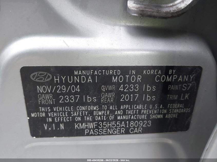 2005 Hyundai Sonata VIN KMHWF35H55A180923 IAAI salvage auction — REAR END, Salvage (Ohio), sold $325 on 2026-07-15 (photo 9)