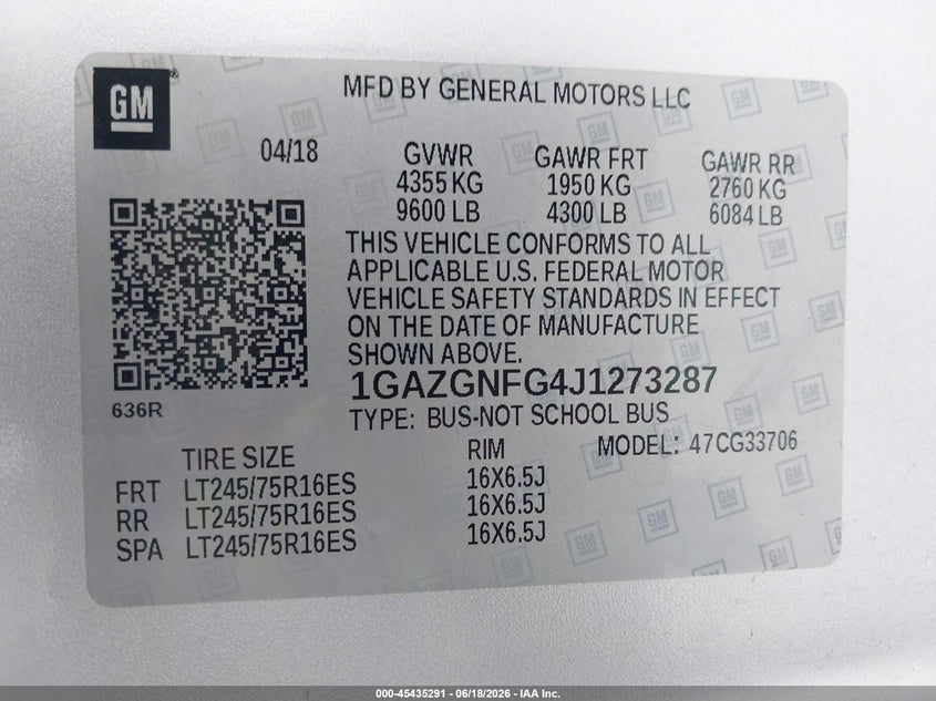 2018 Chevrolet Express 3500 VIN 1GAZGNFG4J1273287 IAAI salvage auction — FRONT END, Sf97 (Nevada), sold $16,100 on 2026-07-28 (photo 9)