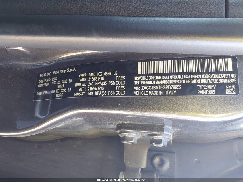 2016 Jeep Renegade VIN ZACCJBAT9GPD78952 IAAI salvage auction — FRONT END, Clear (New Jersey), sold $1,375 on 2026-07-29 (photo 9)