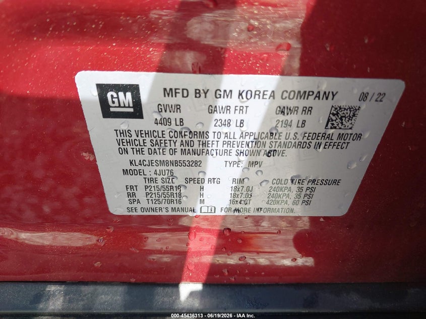 2022 Buick Encore VIN KL4CJESM8NB553282 IAAI salvage auction — FRONT END, Salvage (North Carolina), sold $2,700 on 2026-08-02 (photo 9)