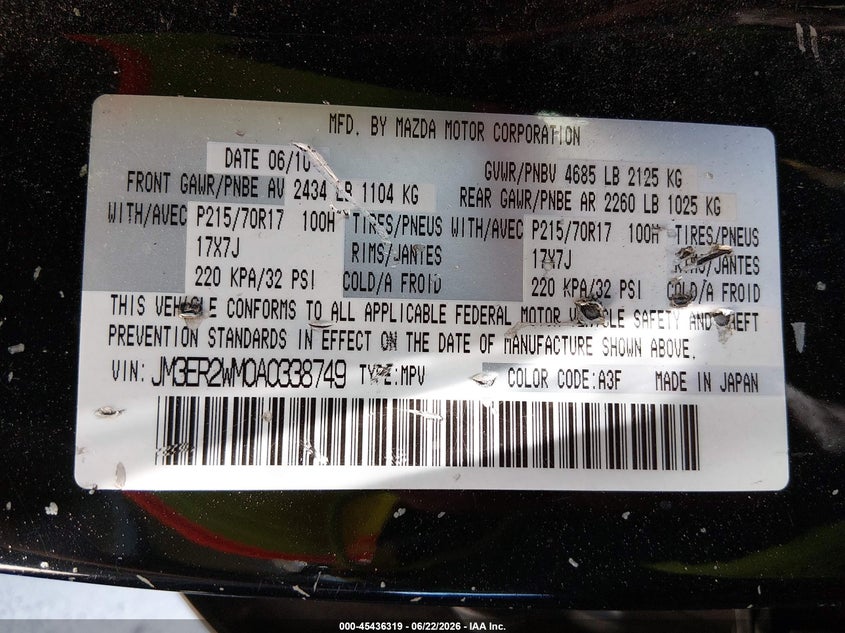 2010 Mazda Cx-7 VIN JM3ER2WM0A0338749 IAAI salvage auction — RIGHT FRONT, Salvage (California), sold $925 on 2026-08-01 (photo 9)