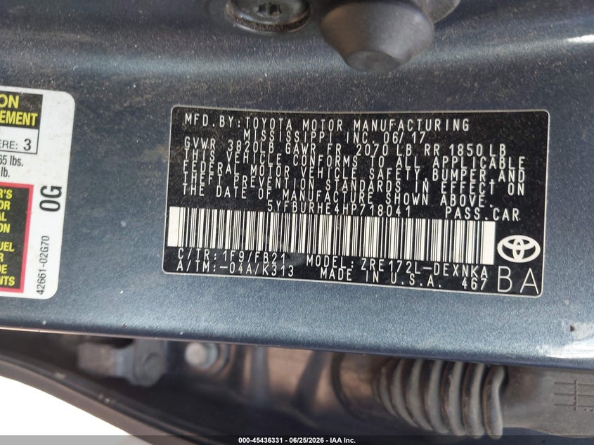 2017 Toyota Corolla VIN 5YFBURHE4HP718041 IAAI salvage auction — HAIL, Nrc Lienholder Repossession Paperwork (Texas), sold $4,500 on 2026-07-21 (photo 9)
