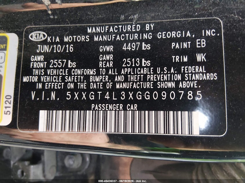 2016 Kia Optima VIN 5XXGT4L3XGG090785 IAAI salvage auction — NORMAL WEAR, Clear (Rhode Island), sold $600 on 2026-07-07 (photo 9)