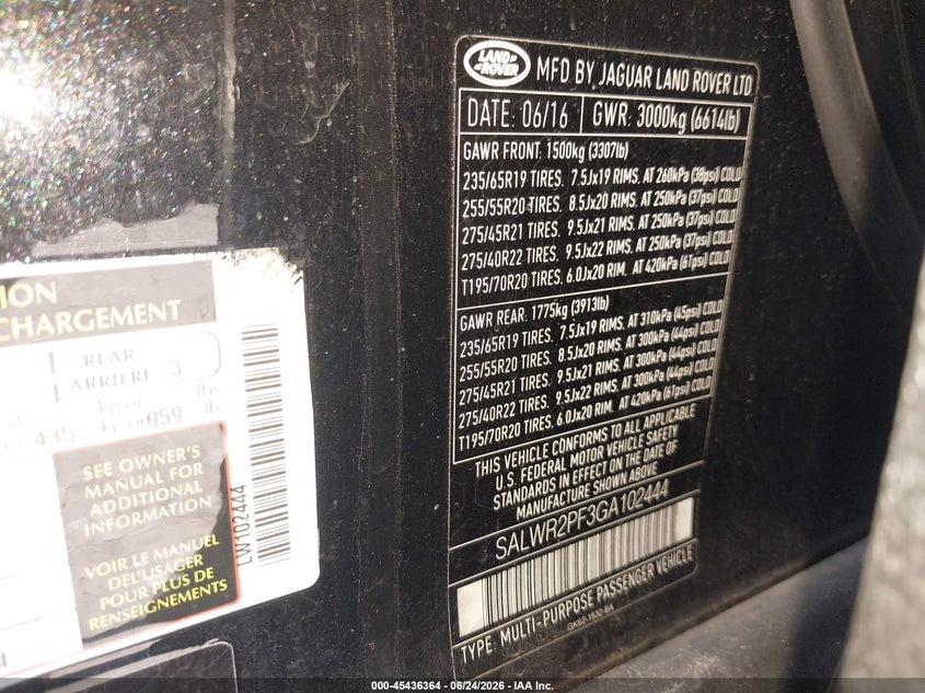 2016 Land rover Range rover sport VIN SALWR2PF3GA102444 IAAI salvage auction — UNKNOWN, Mv-907A (New York), sold $2,475 on 2026-07-28 (photo 9)