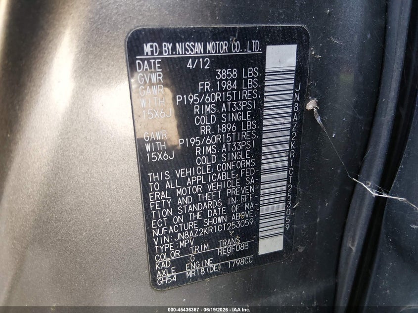 2012 Nissan Cube VIN JN8AZ2KR1CT253059 IAAI salvage auction — NORMAL WEAR, Clear (Tennessee), sold $600 on 2026-07-08 (photo 9)