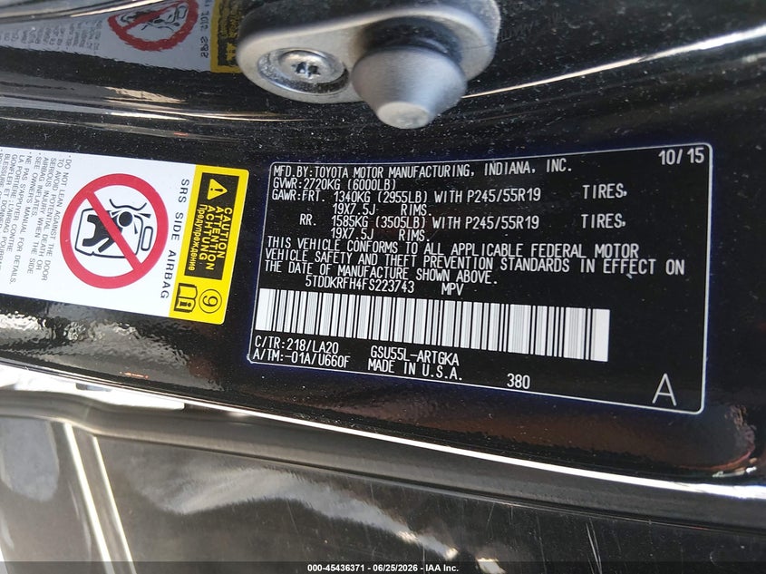 2015 Toyota Highlander VIN 5TDDKRFH4FS223743 IAAI salvage auction — FRONT END, Salvage Title, sold $2,050 on 2026-07-29 (photo 9)