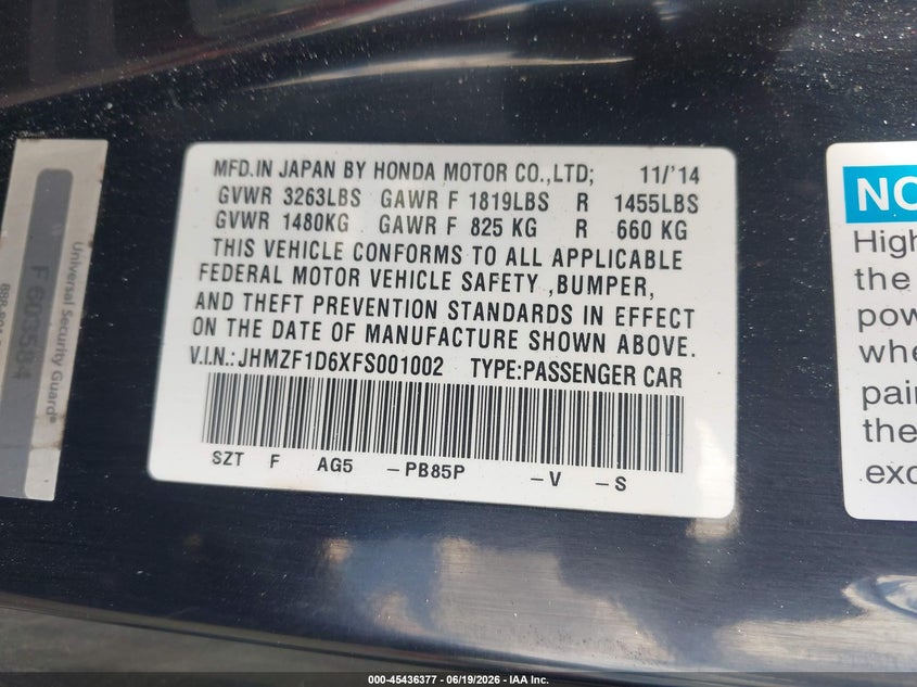 2015 Honda Cr-z VIN JHMZF1D6XFS001002 IAAI salvage auction — FRONT END, Salvage (Pennsylvania), sold $25 on 2026-07-28 (photo 9)