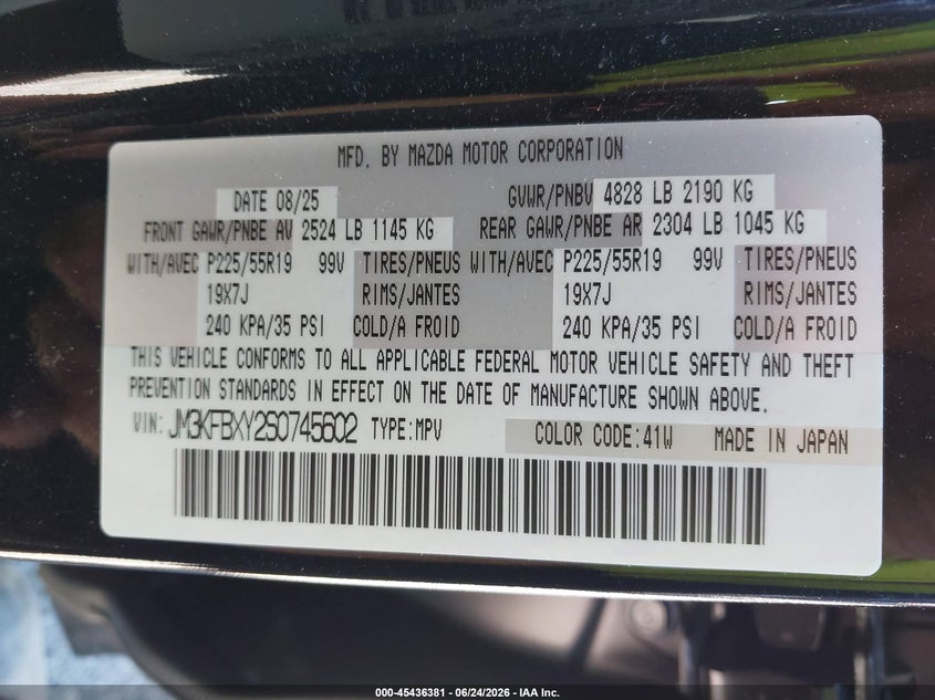 2025 Mazda Cx-5 VIN JM3KFBXY2S0745602 IAAI salvage auction — FRONT END, Salvage Title, sold $5,700 on 2026-07-19 (photo 9)