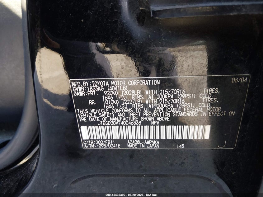 2004 Toyota Rav 4 VIN JTEGD20V740046338 IAAI salvage auction — FRONT END, Salvage (California), sold $1,050 on 2026-07-16 (photo 9)