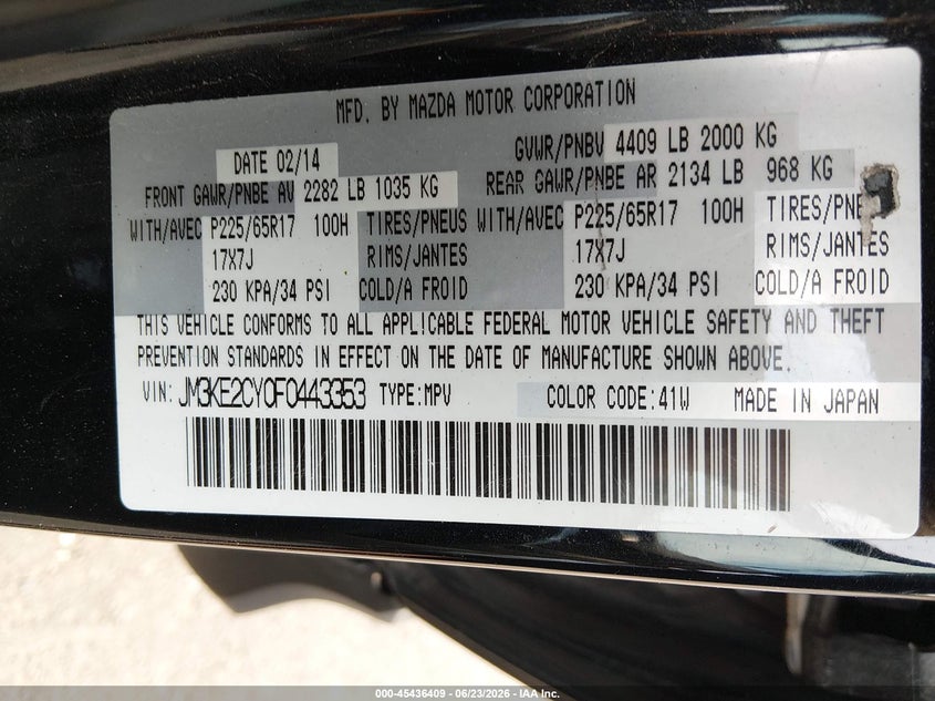 2015 Mazda Cx-5 VIN JM3KE2CY0F0443353 IAAI salvage auction — REAR END, Salvage (Utah), sold $2,200 on 2026-07-23 (photo 9)