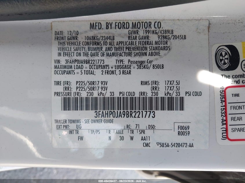 2011 Ford Fusion VIN 3FAHP0JA9BR221773 IAAI salvage auction — REAR END, Salvage (California), sold $650 on 2026-07-09 (photo 9)