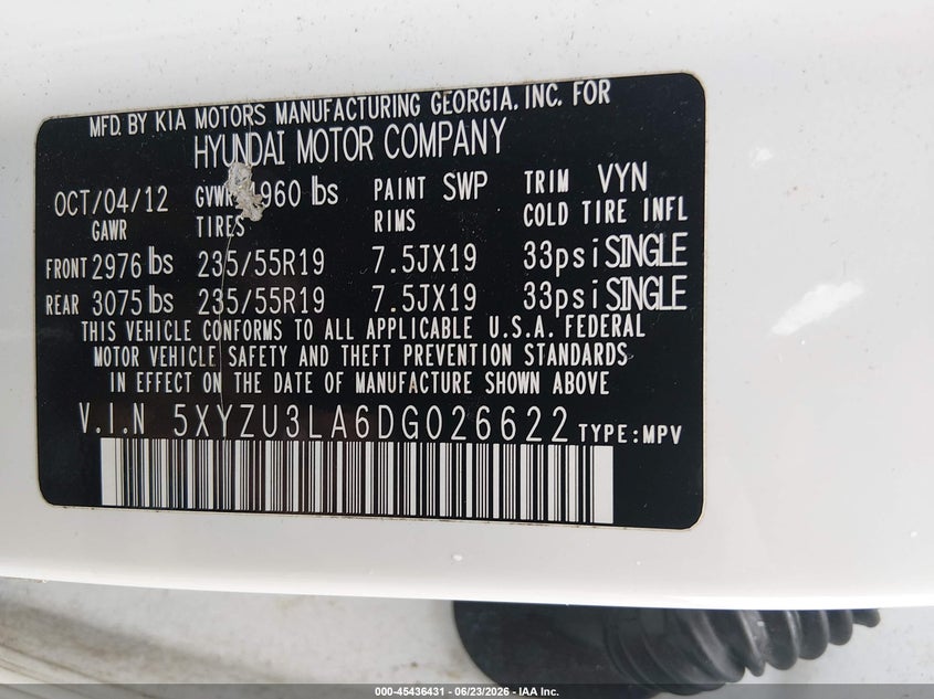 2013 Hyundai Santa fe VIN 5XYZU3LA6DG026622 IAAI salvage auction — UNKNOWN, Salvage - 75% Or Less (Maryland), sold $975 on 2026-07-09 (photo 9)