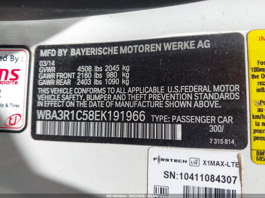 2014 BMW 4er VIN WBA3R1C58EK191966 IAAI salvage auction — REAR END, Salvage Title, sold $3,300 on 2026-08-03 (photo 9)