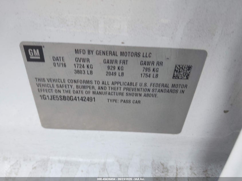 2016 Chevrolet SONIC VIN 1G1JE5SB0G4142491 IAAI salvage auction — REAR END, Bill Of Sale (Washington), sold $1,800 on 2026-07-05 (photo 9)