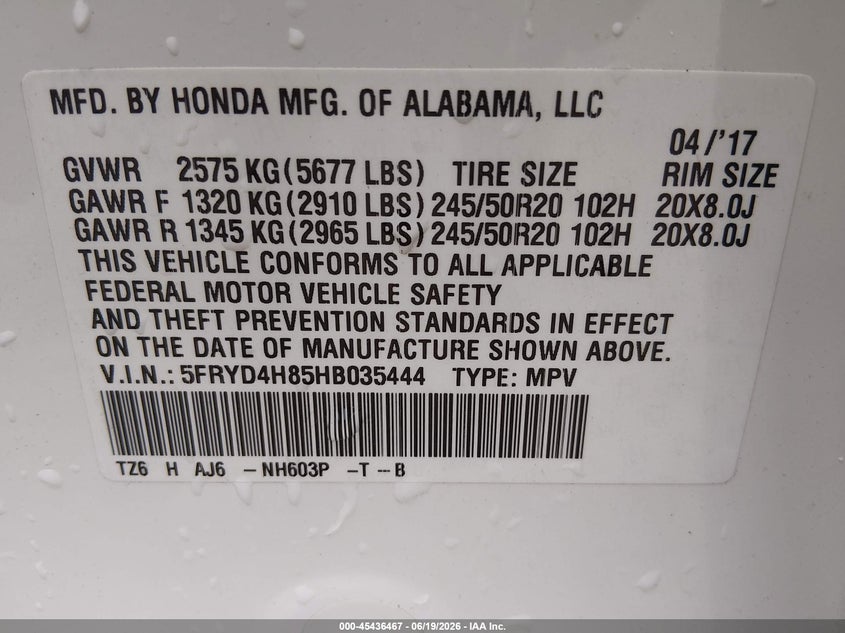 2017 Acura Mdx VIN 5FRYD4H85HB035444 IAAI salvage auction — WATER/FLOOD, Salvage Title, sold $4,200 on 2026-07-18 (photo 9)