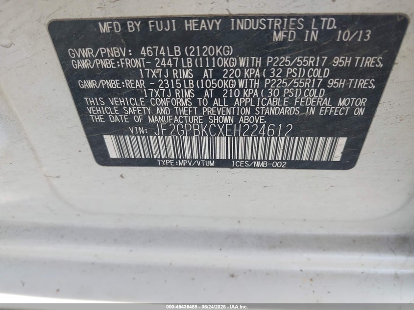 2014 Subaru Xv VIN JF2GPBKCXEH224612 IAAI salvage auction — FRONT END, Salvage Title, sold $50 on 2026-07-21 (photo 9)