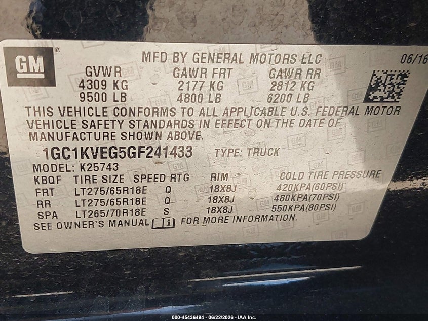 2016 Chevrolet Silverado VIN 1GC1KVEG5GF241433 IAAI salvage auction — RIGHT SIDE, Wait Title, sold $2,350 on 2026-08-03 (photo 9)