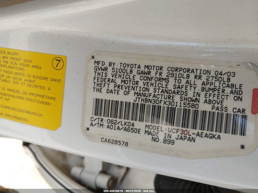 2003 Lexus Ls 430 VIN JTHBN30FX30115580 IAAI salvage auction — FRONT END, Original (Texas), sold $75 on 2026-07-28 (photo 9)