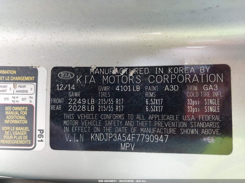 2015 Kia Soul VIN KNDJP3A54F7790947 IAAI salvage auction — FRONT & REAR, Salvage (Ohio), sold $400 on 2026-07-20 (photo 9)