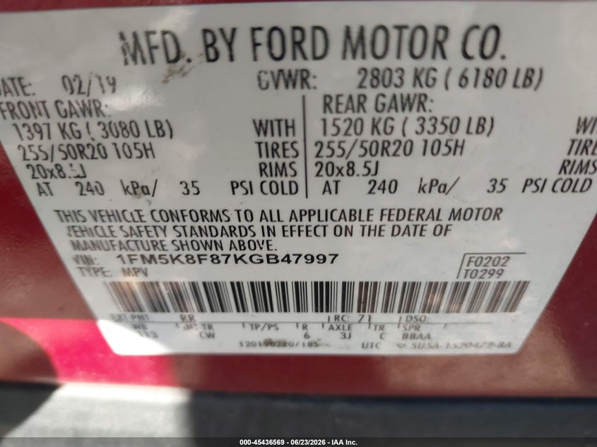 2019 Ford Explorer VIN 1FM5K8F87KGB47997 IAAI salvage auction — RIGHT SIDE, Salvage (Indiana), sold $2,350 on 2026-07-20 (photo 9)