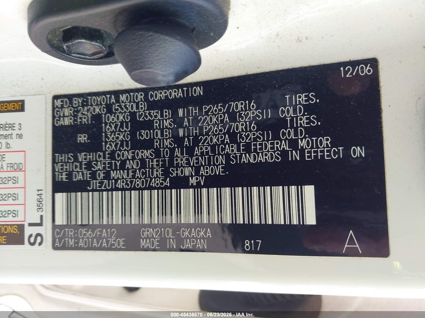 2007 Toyota 4runner VIN JTEZU14R378074854 IAAI salvage auction — REAR END, Salvage (California), sold $3,750 on 2026-07-15 (photo 9)
