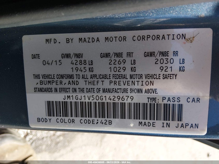 2016 Mazda 6 VIN JM1GJ1V50G1429679 IAAI salvage auction — REAR END, Salvage (Utah), sold $2,200 on 2026-07-30 (photo 9)
