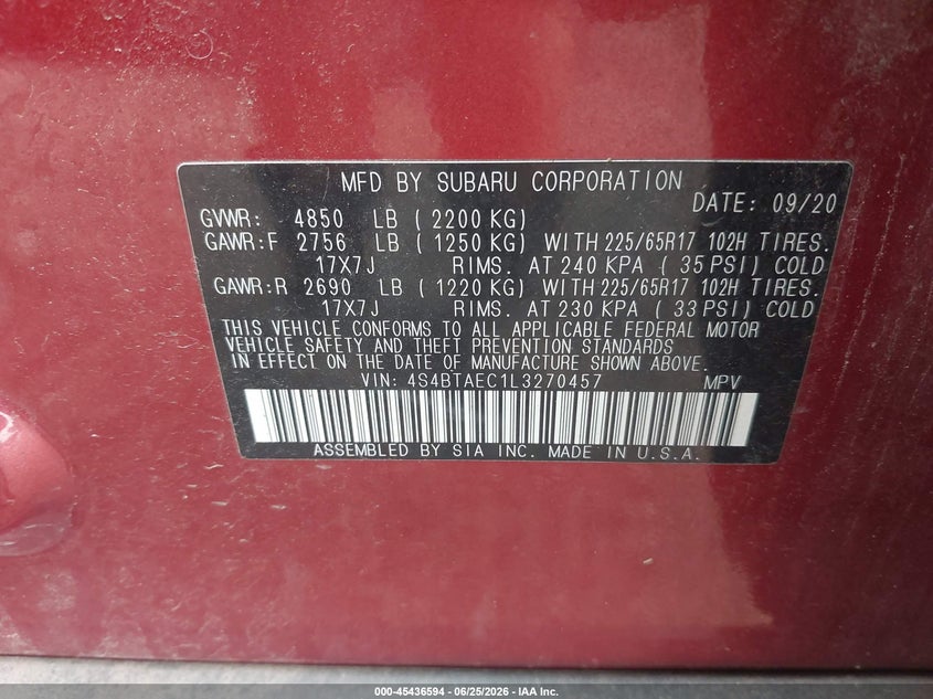 2020 Subaru Outback VIN 4S4BTAEC1L3270457 IAAI salvage auction — RIGHT REAR, Salvage Title, sold $7,200 on 2026-07-29 (photo 9)