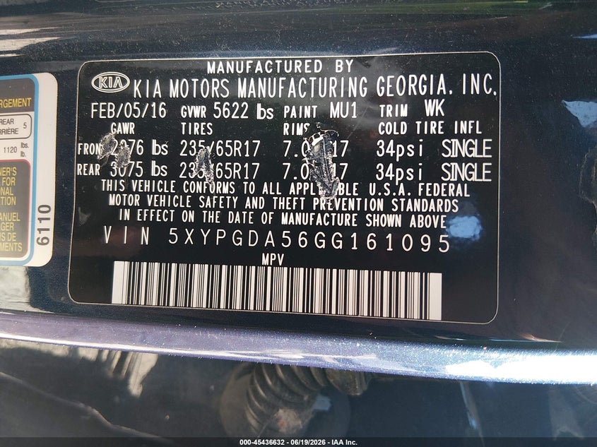 2016 Kia Sorento VIN 5XYPGDA56GG161095 IAAI salvage auction — NORMAL WEAR, Original (Ohio), sold $1,525 on 2026-07-22 (photo 9)