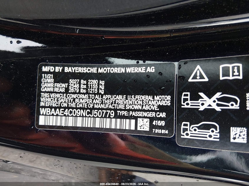 2022 BMW 8er VIN WBAAE4C09NCJ50779 IAAI salvage auction — FRONT END, Salvage (Connecticut), sold $23,400 on 2026-07-30 (photo 9)