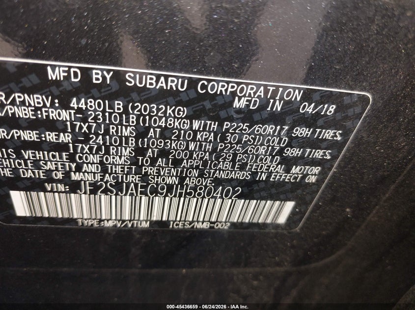 2018 Subaru Forester VIN JF2SJAEC9JH580402 IAAI salvage auction — FRONT END, Salvage (New Jersey), sold $225 on 2026-07-29 (photo 9)