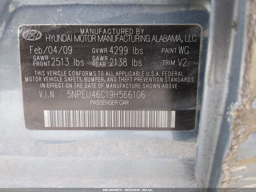 2009 Hyundai Sonata VIN 5NPEU46C19H566106 IAAI salvage auction — FRONT END, Salvage (Vermont), sold $625 on 2026-07-15 (photo 9)