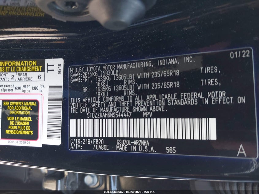 2022 Toyota Highlander VIN 5TDZZRAH6NS544447 IAAI salvage auction — FRONT END, Salvage Title, sold $7,900 on 2026-07-21 (photo 9)
