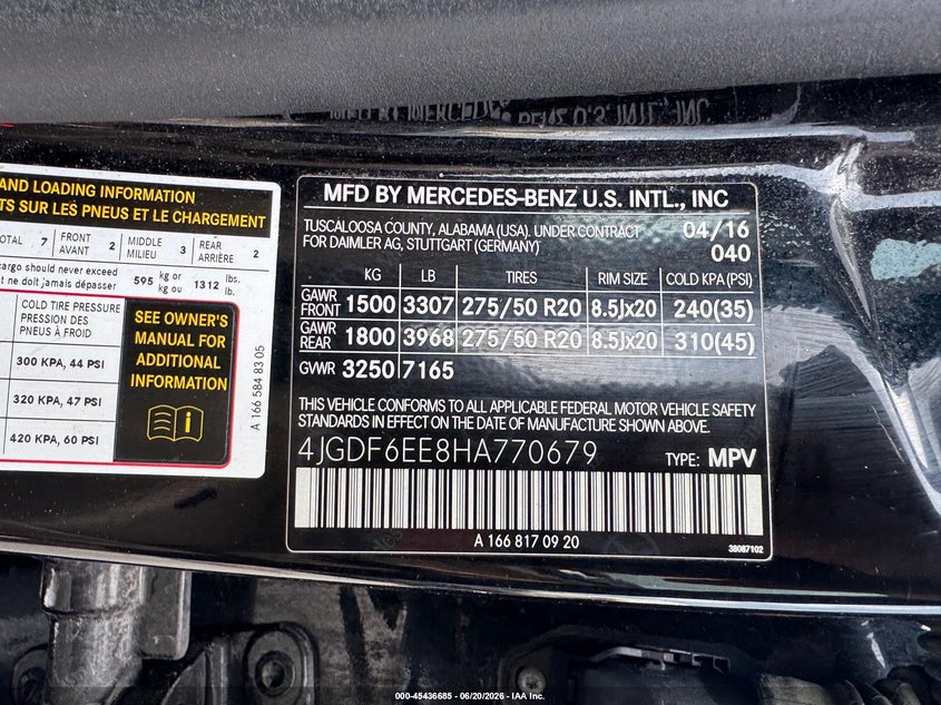 2017 Mercedes-benz Gls-class VIN 4JGDF6EE8HA770679 IAAI salvage auction — UNKNOWN, Clear (Virginia), sold $3,400 on 2026-07-09 (photo 9)