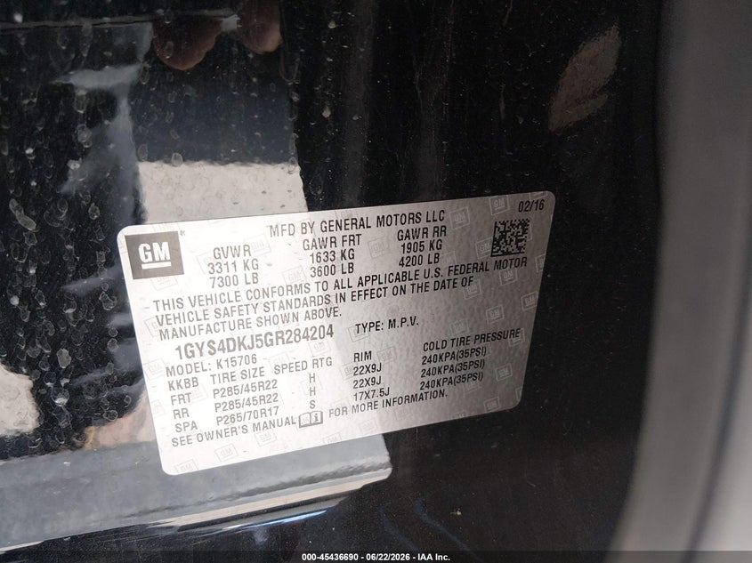 2016 Cadillac Escalade VIN 1GYS4DKJ5GR284204 IAAI salvage auction — FRONT END, Salvage (Utah), sold $4,600 on 2026-07-09 (photo 9)