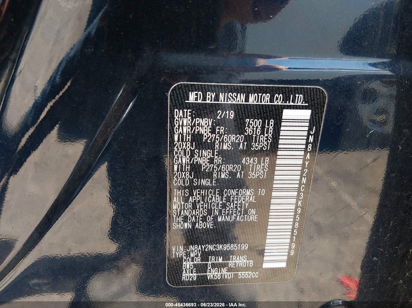 2019 Nissan Armada VIN JN8AY2NC3K9585199 IAAI salvage auction — HAIL, Salvage (Ohio), sold $8,300 on 2026-07-09 (photo 9)