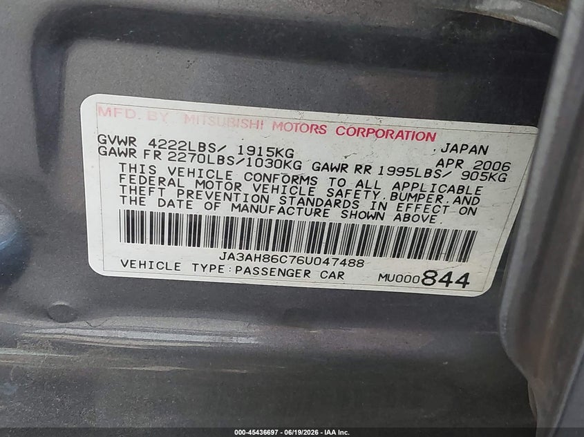 2006 Mitsubishi Lancer evolution VIN JA3AH86C76U047488 IAAI salvage auction — FRONT END, Bill Of Sale (Washington), sold $16,400 on 2026-08-19 (photo 9)