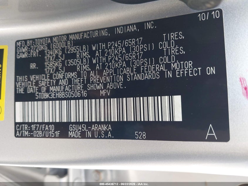 2011 Toyota Highlander VIN 5TDBK3EH8BS050616 IAAI salvage auction — LEFT FRONT, Salvage (Iowa), sold $1,250 on 2026-07-28 (photo 9)