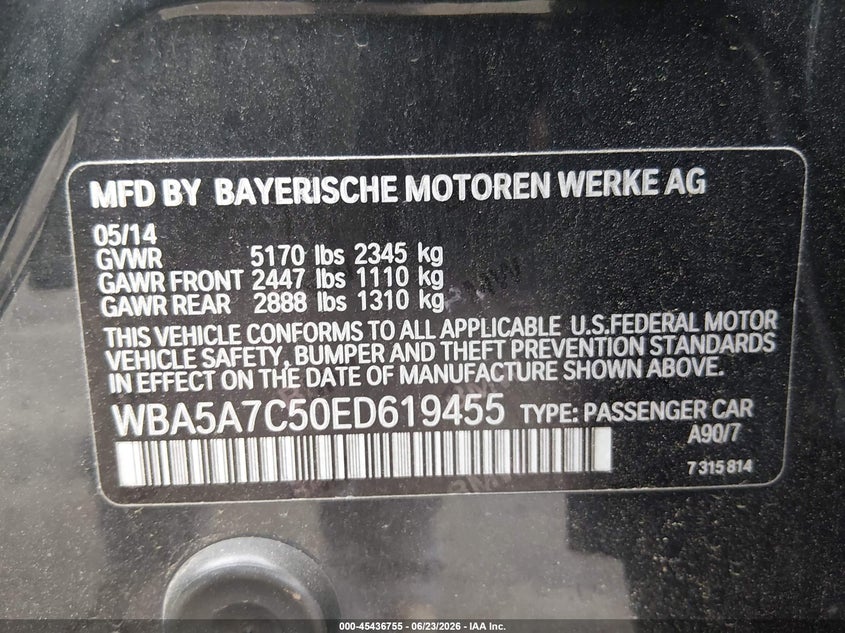 2014 BMW 5er VIN WBA5A7C50ED619455 IAAI salvage auction — FRONT END, Salvage Title, sold $3,200 on 2026-07-29 (photo 9)
