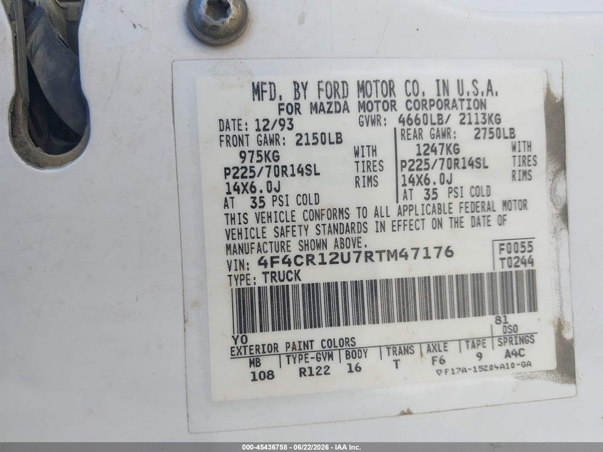 1994 Mazda B3000 VIN 4F4CR12U7RTM47176 IAAI salvage auction — NORMAL WEAR, Clear (California), sold $200 on 2026-07-09 (photo 9)