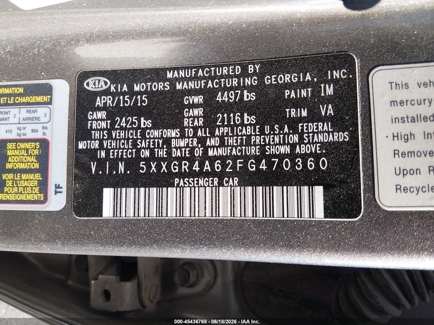 2015 Kia Optima VIN 5XXGR4A62FG470360 IAAI salvage auction — NORMAL WEAR, Clear (Nevada), sold $600 on 2026-07-17 (photo 9)