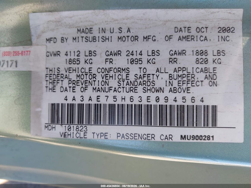 2003 Mitsubishi ECLIPSE VIN 4A3AE75H63E094564 IAAI salvage auction — SIDE, Salvage (Arizona), sold $250 on 2026-07-09 (photo 9)