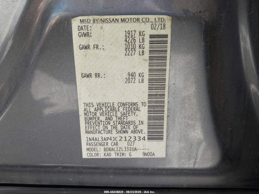 2018 Nissan Altima VIN 1N4AL3AP4JC212334 IAAI salvage auction — LEFT REAR, Salvage Title, sold $1,525 on 2026-07-24 (photo 9)