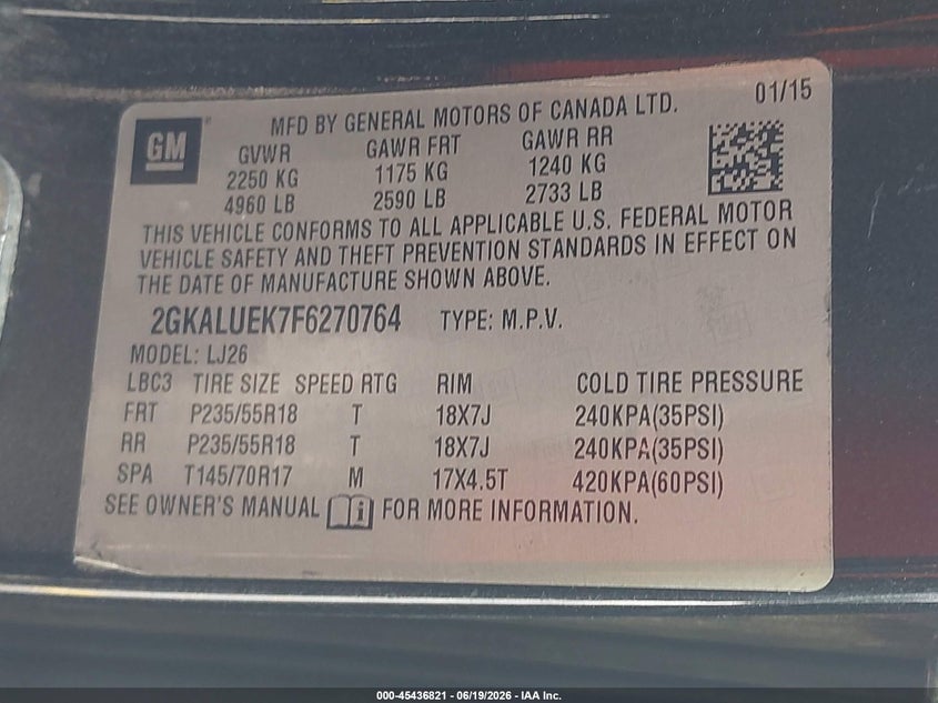 2015 Gmc Terrain VIN 2GKALUEK7F6270764 IAAI salvage auction — STRIPPED, Salvage (North Carolina), sold $375 on 2026-07-23 (photo 9)