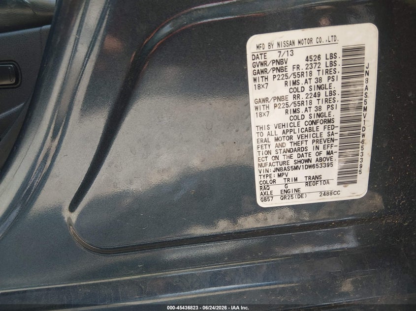 2013 Nissan Rogue VIN JN8AS5MV1DW653395 IAAI salvage auction — FRONT END, Clear (Tennessee), sold $700 on 2026-07-23 (photo 9)