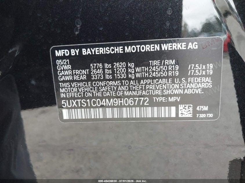 2021 BMW X3 VIN 5UXTS1C04M9H06772 IAAI salvage auction — REAR END, Bill Of Sale (Washington), sold $15,075 on 2026-07-15 (photo 9)